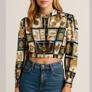 Guess Baroque-Print Satin Gold Green Cropped Long Sleeve Top Sz L